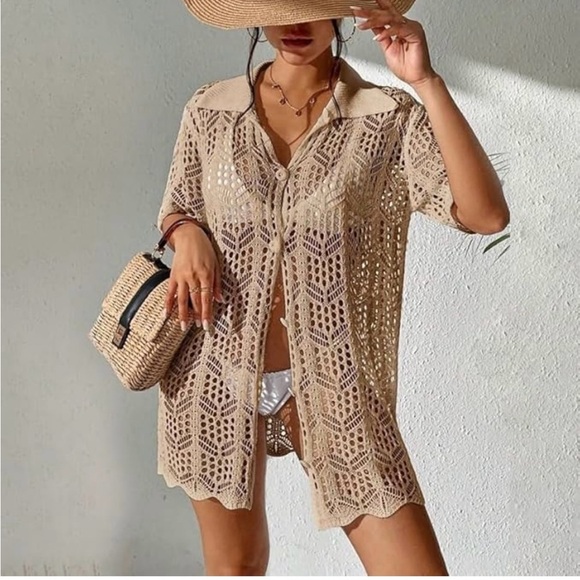 Beige Crochet Button Down Shirt - Picture 1 of 5